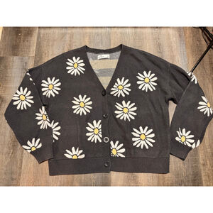 Women's Hollister Black Daisy Cardigan L Unique/Rare‎ pattern